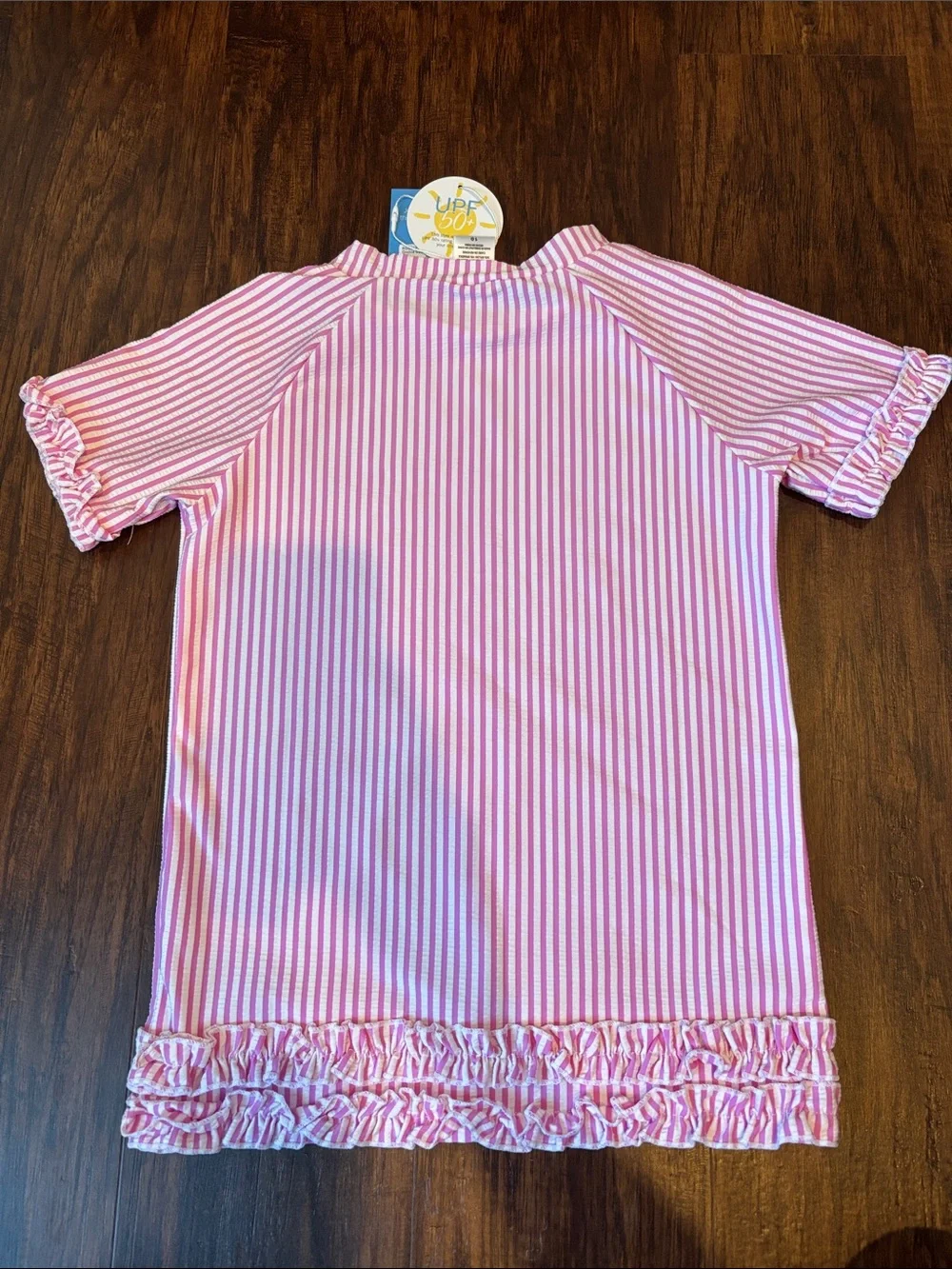 Ruffle Butts Pink & White Striped Girls Swim Rashguard